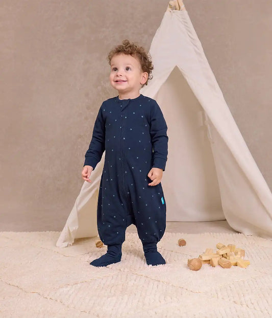 Sleep Suit Long Sleeve 1.5 TOG Cotton Fleece Navy Twinkle Embroidery